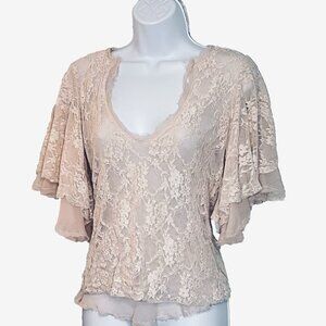 Boho Fairy Sheer Top XS Mesh Lace Overlay Whimsical Ethereal Beachy Peasant